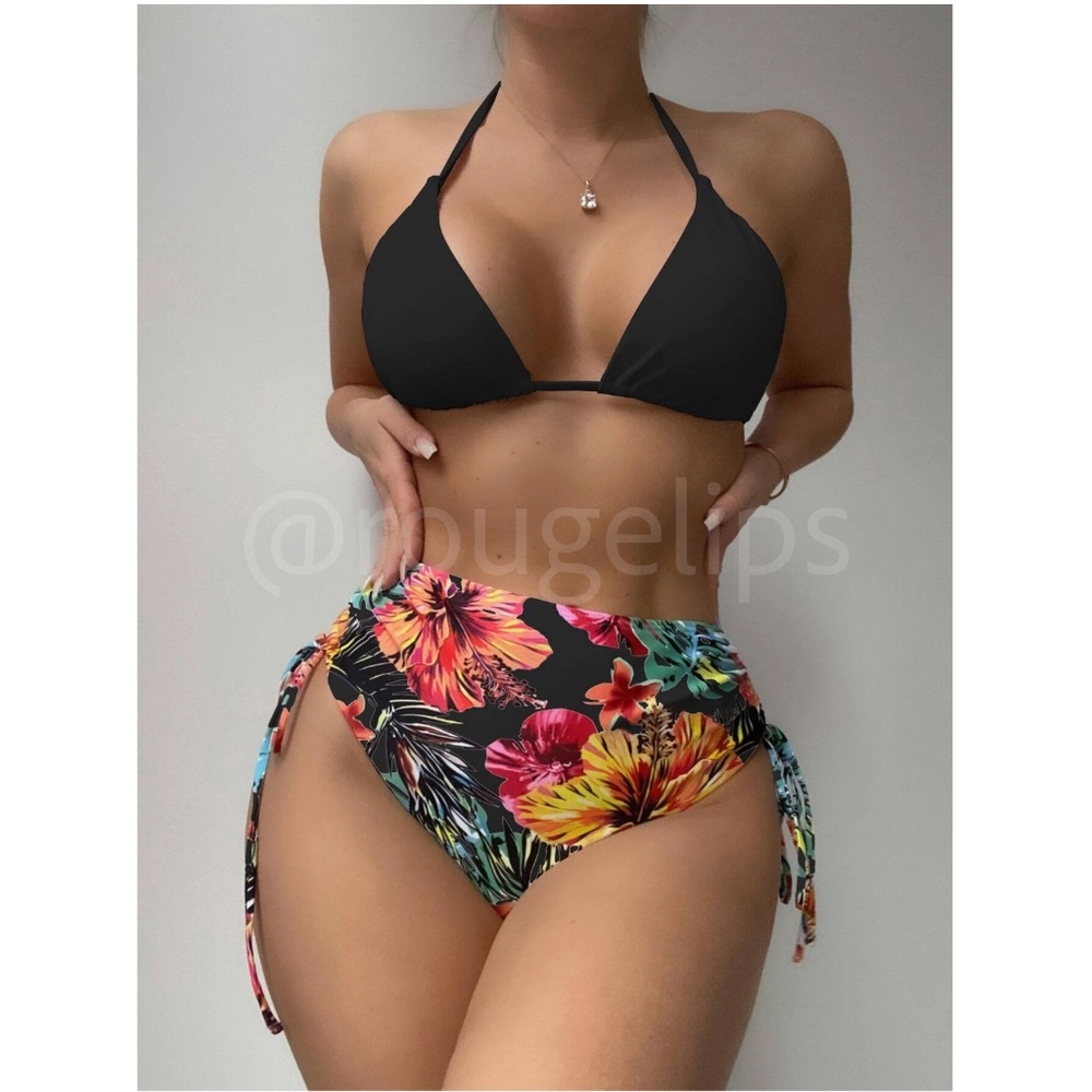 3 Piece Tropical Print Swimwear Set Kimono Floral Black Bikini Swimsuit - Picture 5 of 7